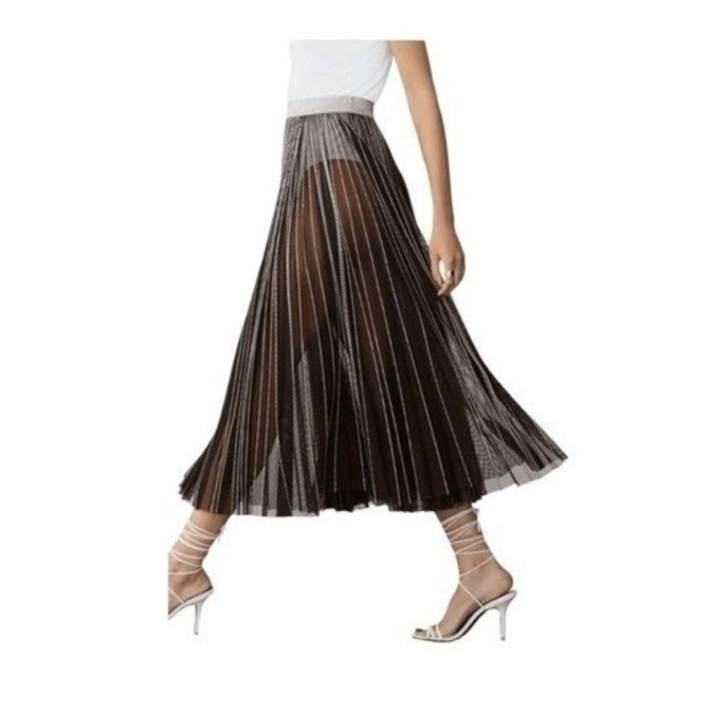GSTQ Sun Pleated Mesh Pull-On Midi‎ Skirt Black Semi-Sheer M